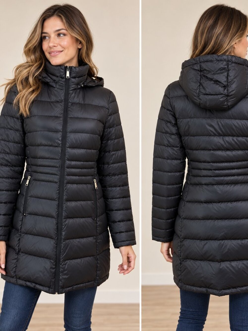 Andrew Marc Packable Lightweight Down Puffer Coat Womens M Hooded Black Winter